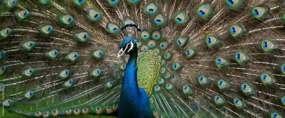 Fototapeta premium Majestic peacock displaying vibrant plumage. (1)