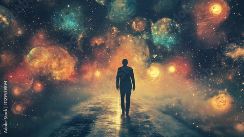 Solitary figure walks cosmic path, nebulae surround.