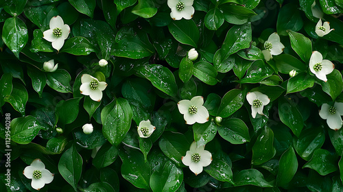 lush display of dogwood tree flowers with vibrant green leaves, showcasing nature beauty