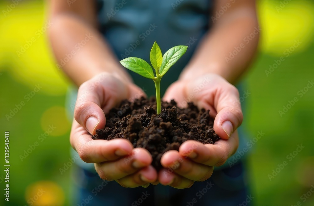 The child holds in his hands a handful of earth in which a sprout or seedling grows against a background of beautiful green bokeh. The child holds in his hands a handful of earth in which a sprout or seedling grows against a background of beautiful green bokeh.