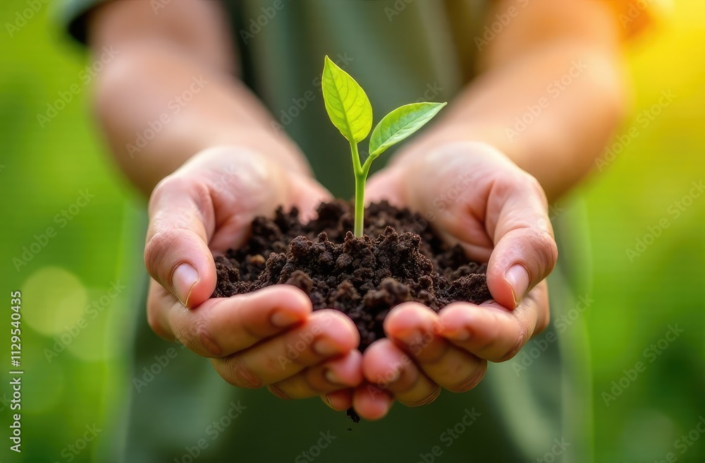 The child holds in his hands a handful of earth in which a sprout or seedling grows against a background of beautiful green bokeh. The child holds in his hands a handful of earth in which a sprout or seedling grows against a background of beautiful green bokeh.