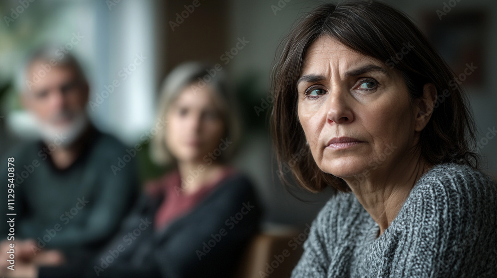 Worried Woman with Family Sadness Grief Concern Middle aged Female Worried Woman with Family Sadness Grief Concern Middle aged Female