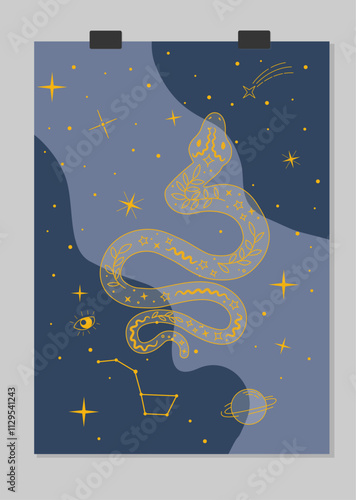Esoteric poster for the year of the snake. New Year's poster for the cover of the calendar with a starry sky. 2025 new year