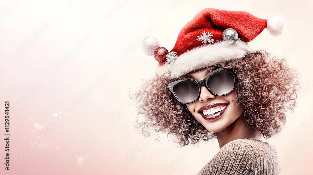 Cheerful Christmas Portrait: Trendy Woman in Red Hat and Sunglasses with Baubles – Perfect for Festive Wall Art or Sports Interior Decor on a Joyful Pink Background! Cheerful Christmas Portrait: Trendy Woman in Red Hat and Sunglasses with Baubles – Perfect for Festive Wall Art or Sports Interior Decor on a Joyful Pink Background!