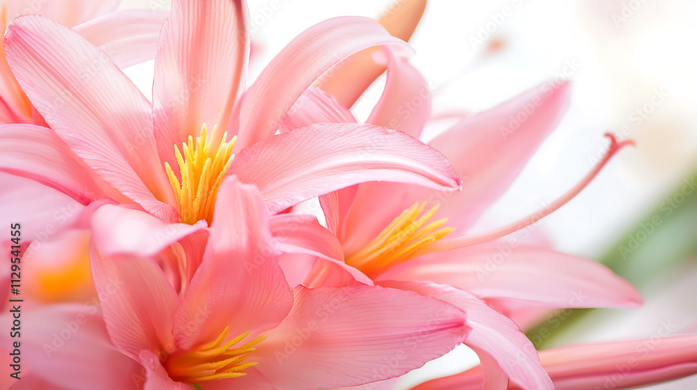 dreamy macro photograph of pink ginger lily flowers showcasing delicate petals and vibrant yellow stamens, evoking sense of tranquility dreamy macro photograph of pink ginger lily flowers showcasing delicate petals and vibrant yellow stamens, evoking sense of tranquility