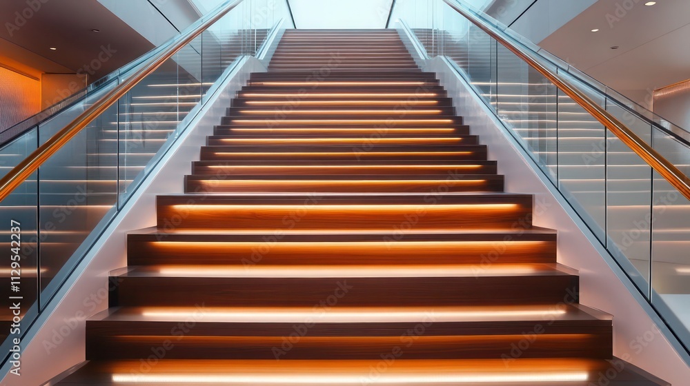 Obraz premium A sleek modern staircase with rich wooden steps, each lit from below by discreet LED strips, framed by glass railings and a minimalist, luxurious interior