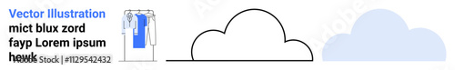 Figures interacting with cloud symbols at various stages of complexity. Bright colors and minimalistic design. Ideal for technology, data storage, digital transformation, online services, IT