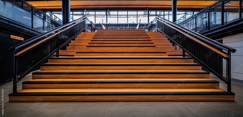 A sleek stadium staircase in a rugby training center with robust wooden steps, black safety railings, and a bold, modern design A sleek stadium staircase in a rugby training center with robust wooden steps, black safety railings, and a bold, modern design