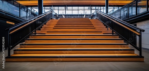 A sleek stadium staircase in a rugby training center with robust wooden steps, black safety railings, and a bold, modern design