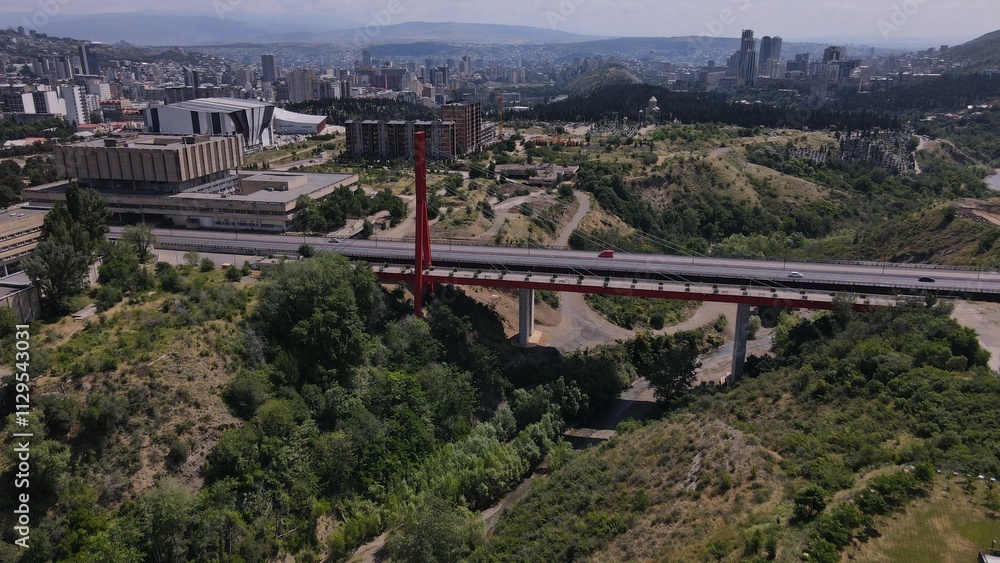 Aerial View of the Newly Built Maglivi Bridge and Modern Cityscape in Tbilisi Aerial View of the Newly Built Maglivi Bridge and Modern Cityscape in Tbilisi