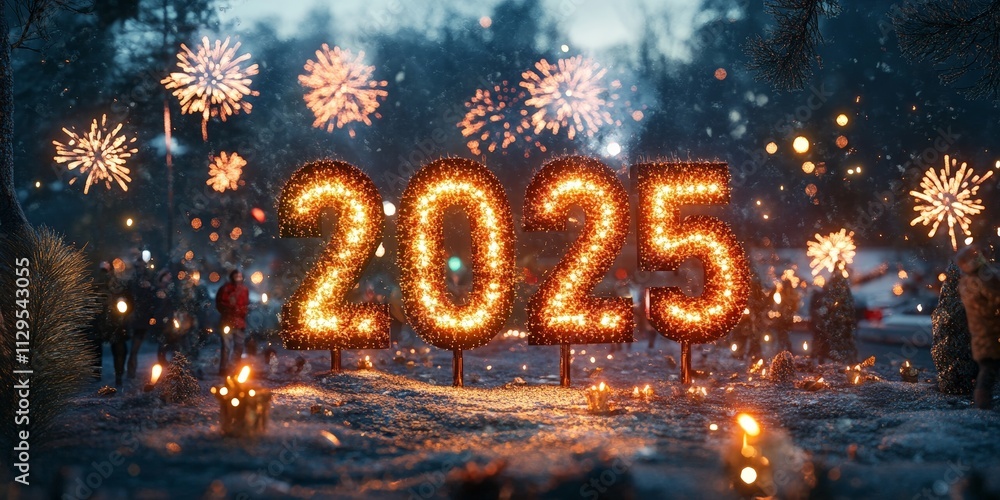Glittering Golden Numbers with Fireworks Display Glittering Golden Numbers with Fireworks Display