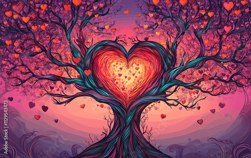 Artistic Heart-Shaped Trees Symbolizing Love and Romance with Whimsical Designs for Valentine's Day and Greeting Cards
 photo