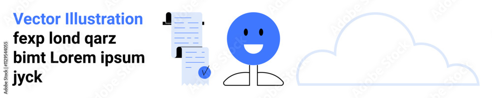 Fototapeta premium Blue happy face, document stack with a sealed envelope, and outlined cloud. Ideal for tech, communication, cloud storage, documents management, user interface, educational content, digital services