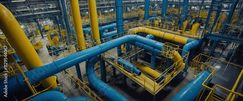 Industrial plant interior with complex pipe system.