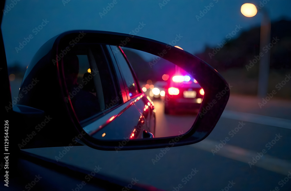 Dramatic night chase: police car with flashing lights pursuing another vehicle, captured from the driver's rearview mirror, creating a tense scene on a dark road Dramatic night chase: police car with flashing lights pursuing another vehicle, captured from the driver's rearview mirror, creating a tense scene on a dark road