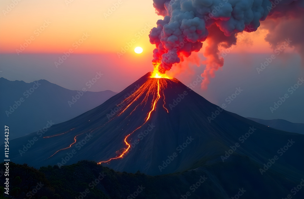 Erupting volcano with cascading orange lava, billowing smoke and ash, against a stunning sunset sky creates a dramatic scene Erupting volcano with cascading orange lava, billowing smoke and ash, against a stunning sunset sky creates a dramatic scene
