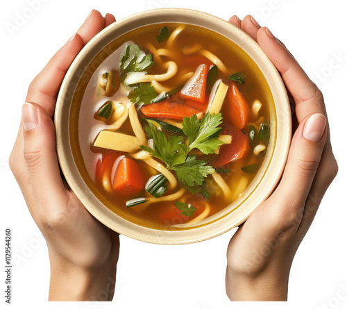 Hands holding a bowl of vegetable noodle soup photo