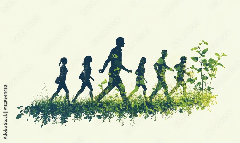 Silhouettes walking, foliage-merged figures, nature's path. Silhouettes walking, foliage-merged figures, nature's path.