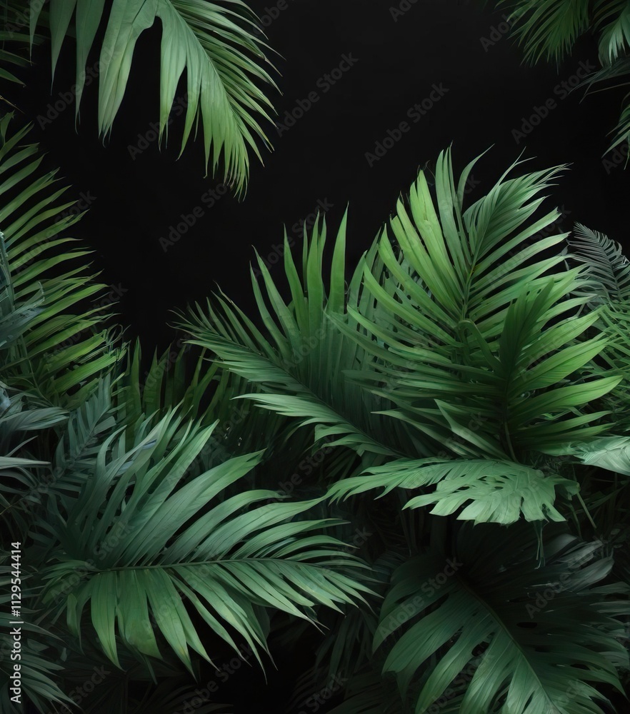 Fototapeta premium Tropical palm leaves in vibrant shades of green on black, vibrant, jungle