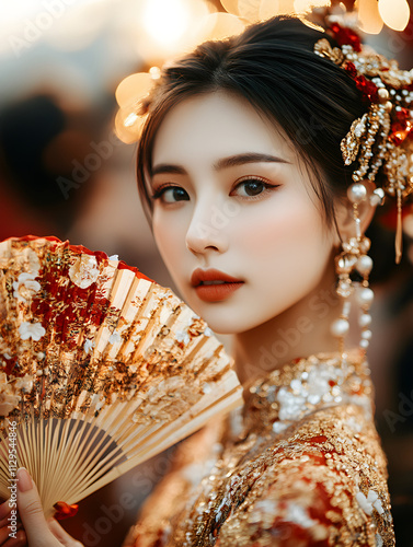 Asian woman wearing beautiful traditional cheongsam qipao dress with hand fan on bokeh background Celebrates Chinese New Year Design for festival posters, greeting cards and banner travel and tourism photo