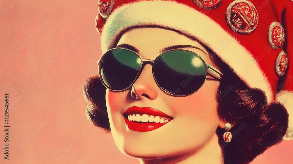 Cheerful Young Woman in Festive Red Hat and Oversized Sunglasses: Perfect Poster for Vibrant Holiday Decor or Trendy Sporting Interior! Cheerful Young Woman in Festive Red Hat and Oversized Sunglasses: Perfect Poster for Vibrant Holiday Decor or Trendy Sporting Interior!