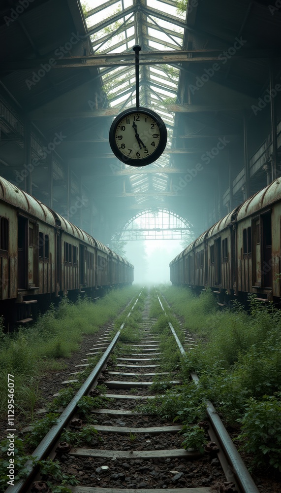 Obraz premium An eerie scene of abandoned train cars in a foggy warehouse, featuring a hanging clock. Evokes nostalgia and the passage of time.