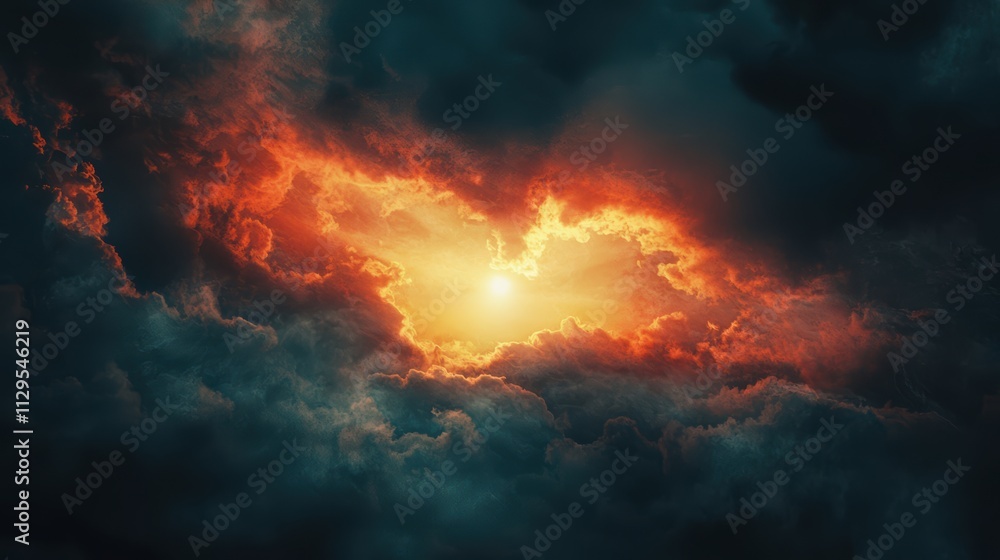 A dramatic sky scene featuring a vibrant sun breaking through dark, ominous clouds, creating a striking contrast of colors. A dramatic sky scene featuring a vibrant sun breaking through dark, ominous clouds, creating a striking contrast of colors.