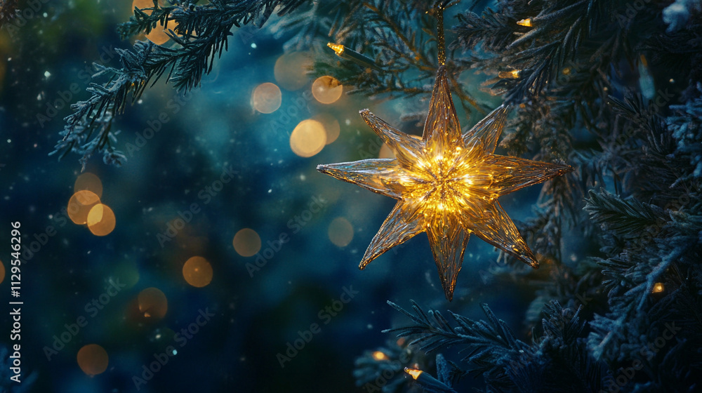 Illuminated Star Ornament on Snowy Christmas Tree Branch Illuminated Star Ornament on Snowy Christmas Tree Branch
