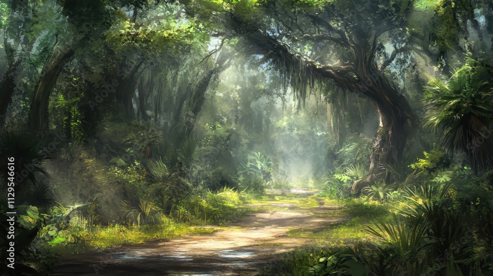 Fototapeta premium A serene forest path illuminated by soft light, inviting exploration and tranquility.