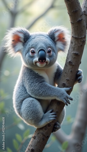 A cute koala clings to a tree branch, showcasing its playful nature in a serene natural setting, perfect for wildlife and environmental themes. photo