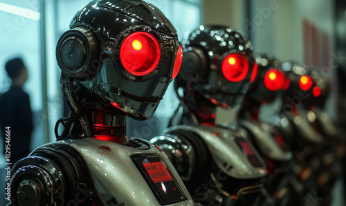 Futuristic robots with glowing red eyes on display at a technology exhibition in a modern venue