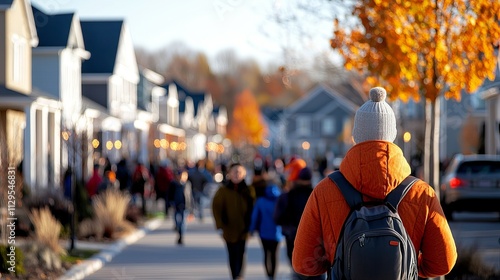 A young person of unspecified ethnicity in an orange jacket walking through a bustling neighborhood in autumn. photo