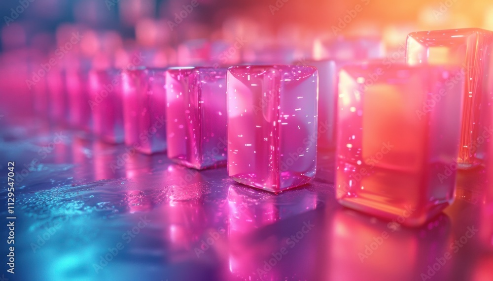 A row of pink cubes are reflected in a blue surface A row of pink cubes are reflected in a blue surface