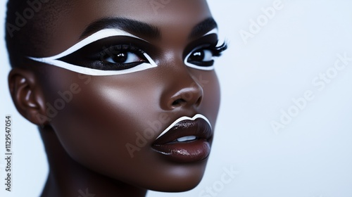 Close-up of artistic makeup featuring bold white eyeliner and glossy brown lips on a woman. Concept of modern beauty, creativity, and high fashion.