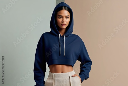 Stylish 3D Render of Navy Blue Cropped Hoodie Worn by Model Against Soft Pastel Background