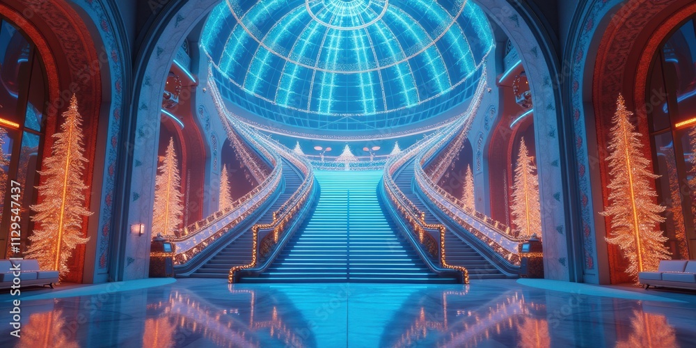 Obraz premium A stunning, futuristic interior featuring grand staircases, glowing lights, and festive trees, perfect for holiday marketing, event planning, or architectural inspiration.