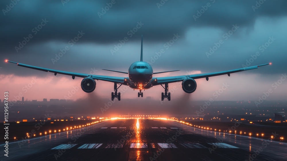 Airplane landing, runway lights, stormy night. Airplane landing, runway lights, stormy night.