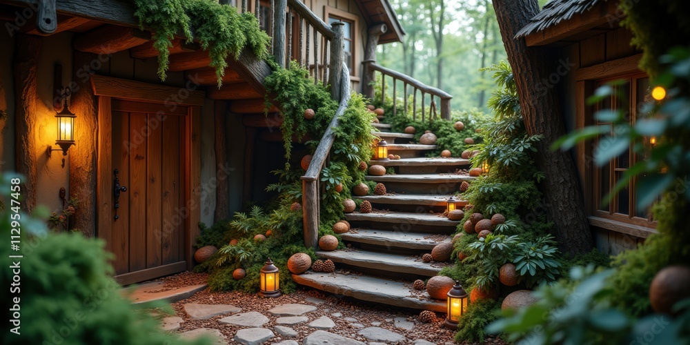Fototapeta premium A charming woodland pathway leading to a cozy cabin, illuminated with soft lantern light, surrounded by lush greenery and rustic decor, perfect for nature-inspired projects.