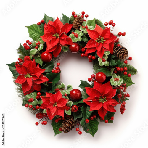 A festive Christmas wreath featuring winter flowers, holly, and pinecones. Elegant greenery with vibrant red accents captures the holiday spirit. Perfect seasonal decor. photo