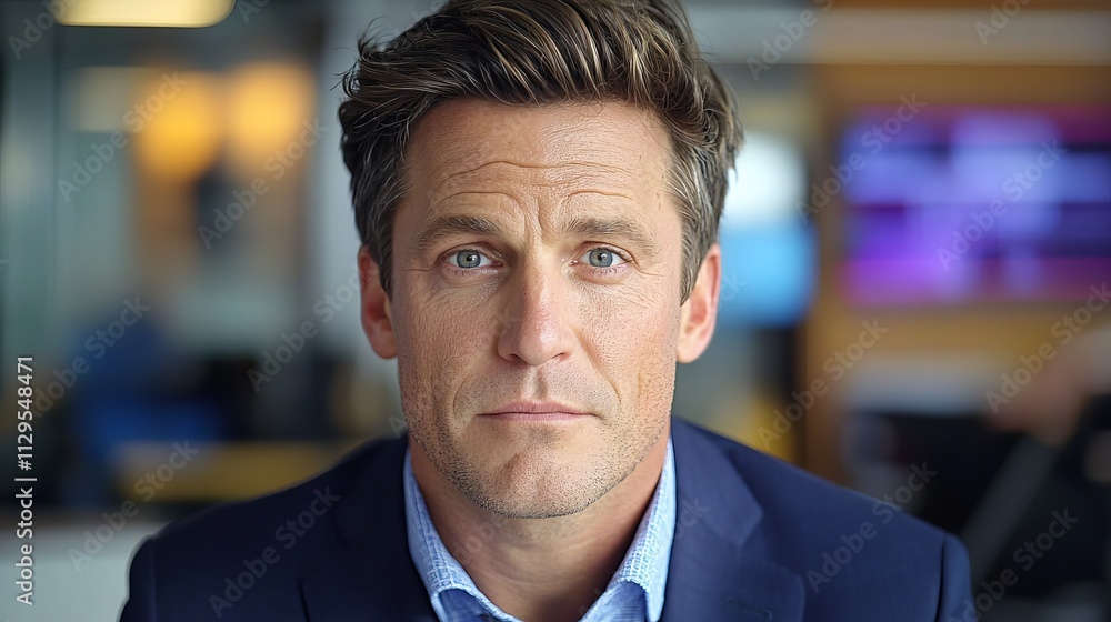 A serious Caucasian man in a blue suit looks directly at the camera with piercing blue eyes, conveying confidence. A serious Caucasian man in a blue suit looks directly at the camera with piercing blue eyes, conveying confidence.