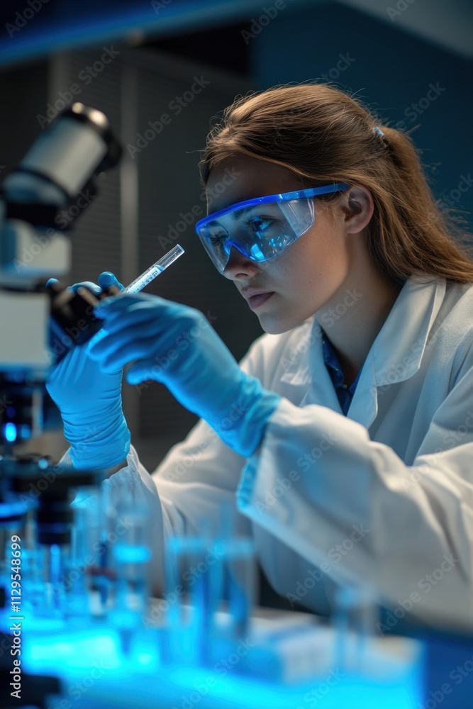 Asian female scientist holds a test tube filled with blue liquid in the laboratory. Examination. Medical research. Drug experiment. Medical science research concept Asian female scientist holds a test tube filled with blue liquid in the laboratory. Examination. Medical research. Drug experiment. Medical science research concept