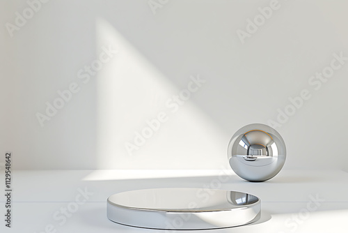 minimalistic still life, the composition centers a silver pedestal against a light background photo