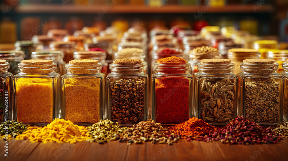 Square Glass Jars with Cork Lids Filled with Vibrant Spices