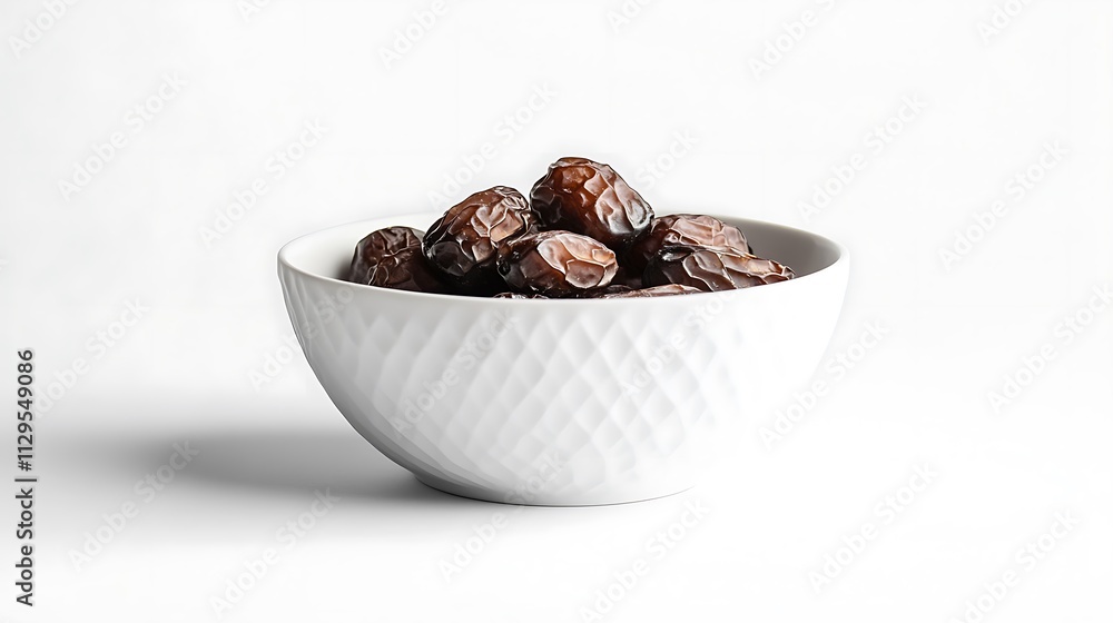 Close-up of Dates in a White Bowl Against a White Background Close-up of Dates in a White Bowl Against a White Background