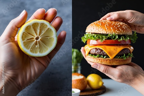 A Hand Holding a Zesty Lemon and Another Featuring a Cheesy Burger: Healthy Choices vs. Over-Indulgent Fast Food Cravings in a Balanced Culinary Lifestyle photo