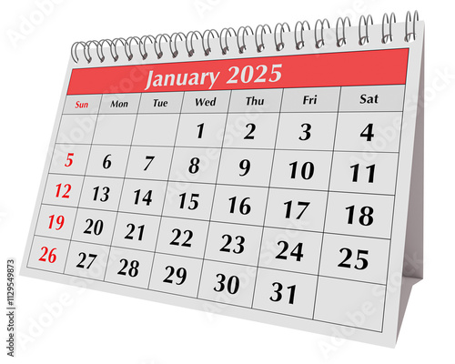 January 2025 calendar. Page of the annual business desk month winter calendar isolated on transparent png