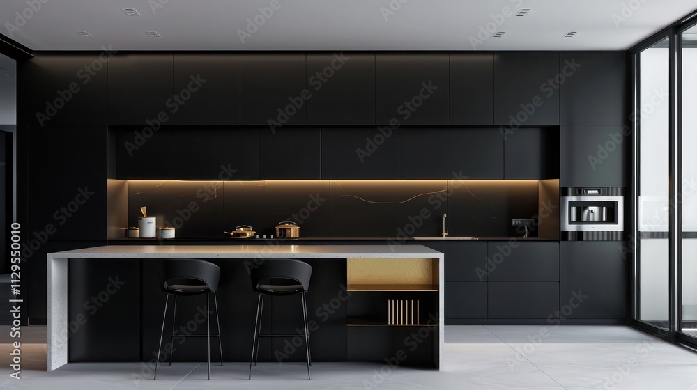 Modern minimalist kitchen with black cabinets, white quartz countertops, gold accents, and sleek island seating in city apartment, Modern minimalist kitchen with black cabinets, white quartz countertops, gold accents, and sleek island seating in city apartment,