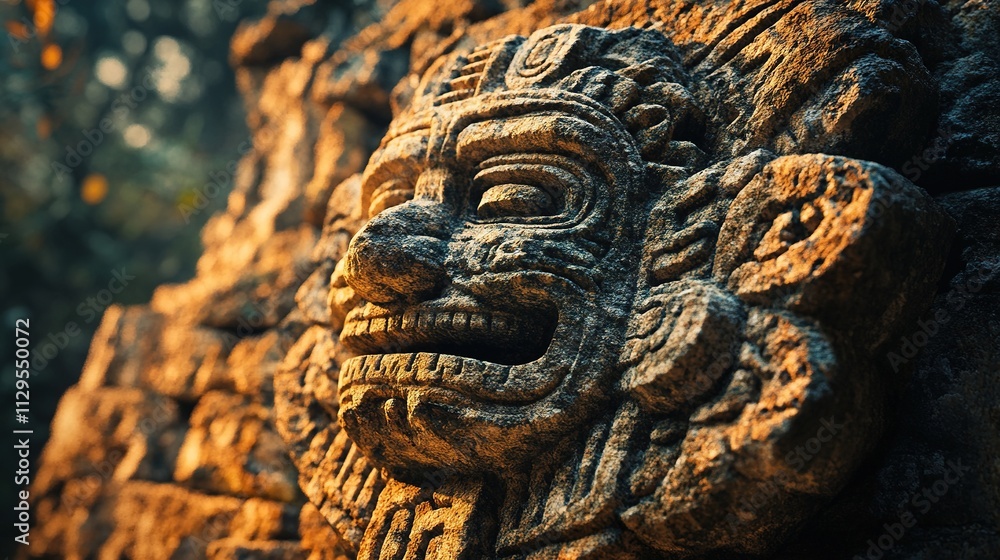 Close-up of ancient Mayan stone carving, intricate details, weathered texture, jungle background. Close-up of ancient Mayan stone carving, intricate details, weathered texture, jungle background.