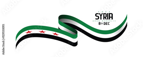 New Flag of Syrian Arab Republic, wavy ribbon with Syrian national flag, Freedom for Syria. 8th December, national day, Vector illustration.