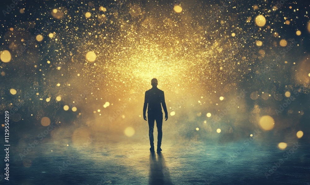 Silhouette facing bright, glittering, ethereal space. Silhouette facing bright, glittering, ethereal space.